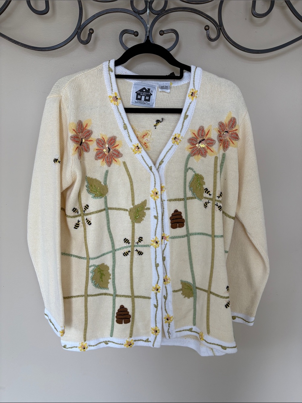 Storybook Knits Cream Cardigan with Floral, Bee & Beehive Embroidery